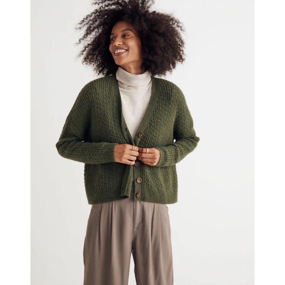 Madewell Green Mayfair Sweater Cardigan Alpaca Blend Cable Knit Oversized Small